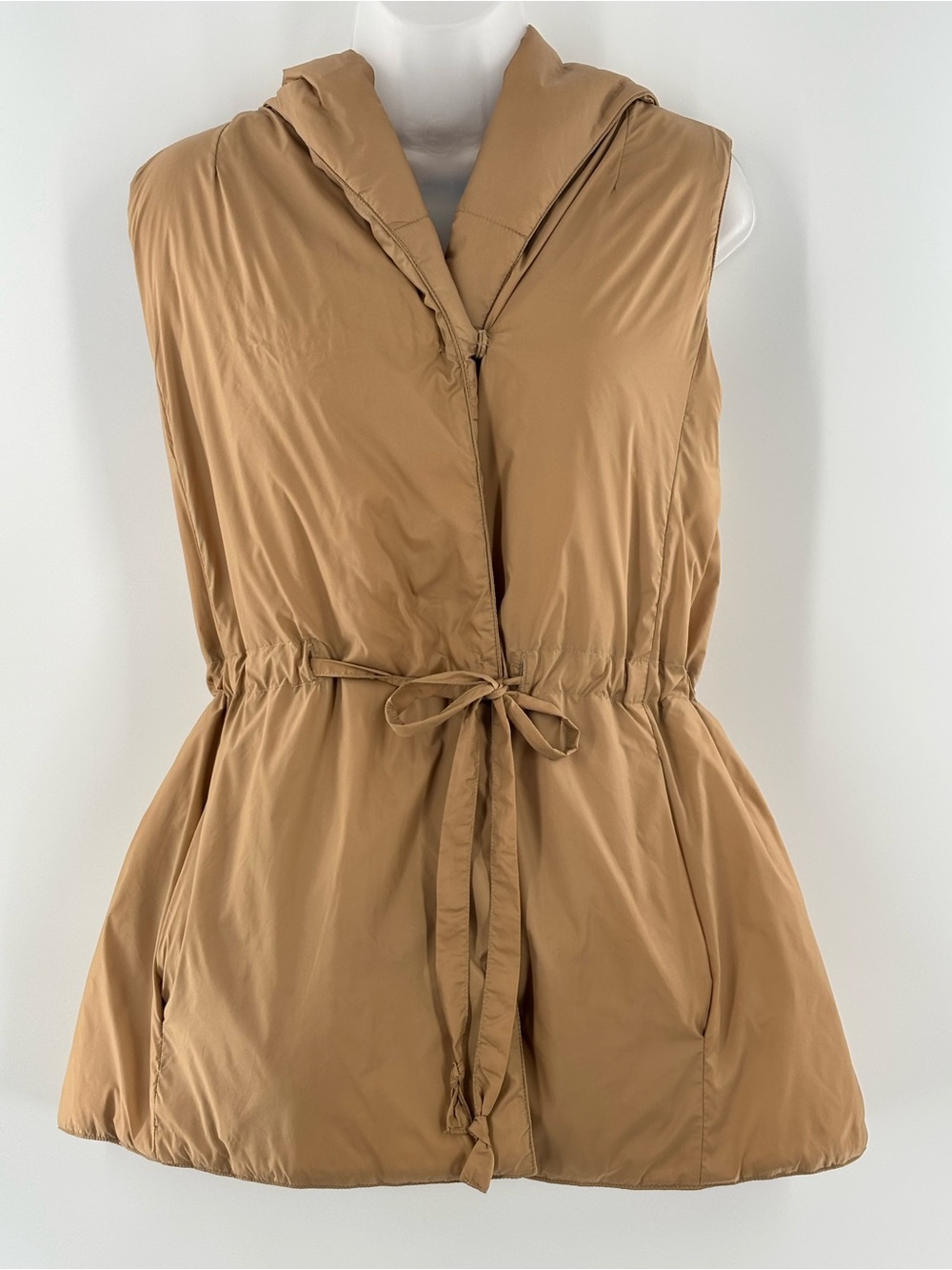 Eileen Fisher Vest Nylon Honey Brown Sz S Hooded Tie Waist Pockets Lightweight